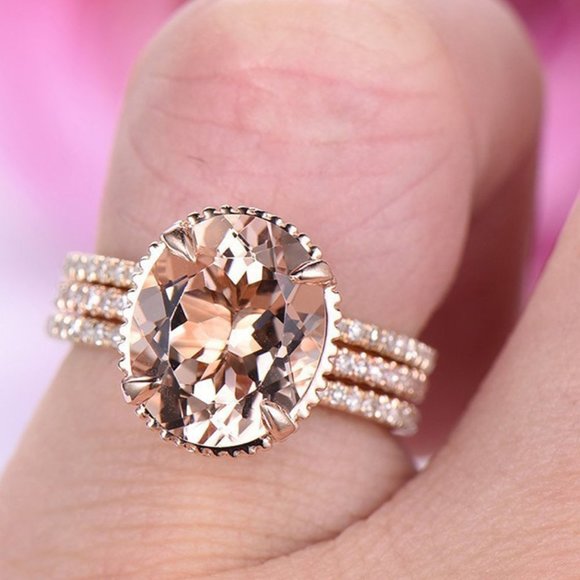 🎁 3 pcs/set Rose Gold Oval Bridal Wedding/Engagement Ring Set, VIP241 - Picture 2 of 9